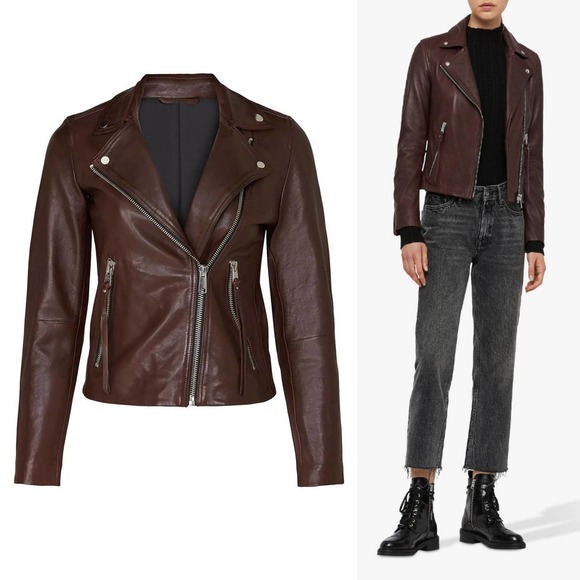 AllSaints Dalby Leather Biker Jacket in Oxblood / Burgundy Size US 00 UK 2